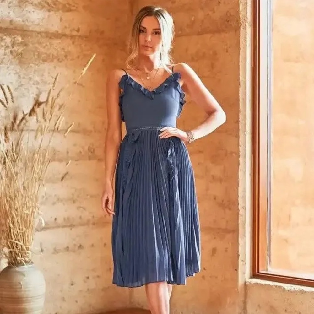 NWT Lady Black Tie Maia Dress Steel Blue Pleated Midi Ruffle Formal Gown Size 12